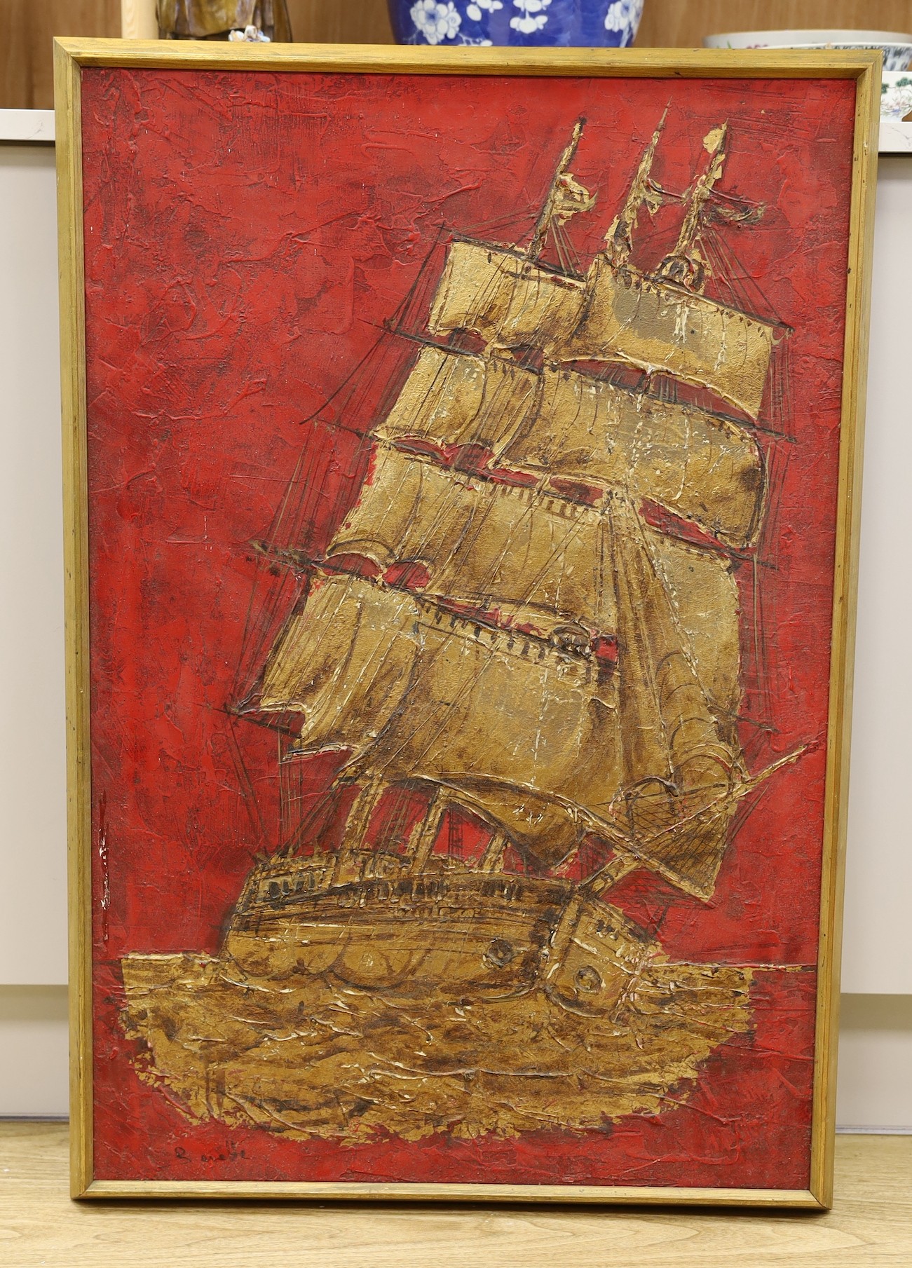 Berette (Unicorn Gallery), oil on canvas heightened with gold, Galleon at sea, signed, 90 x 60cm